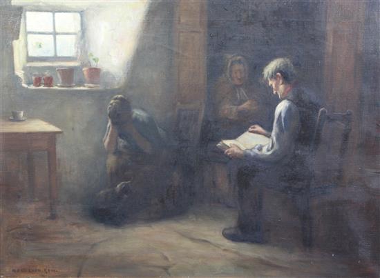 Henry John Dobson (1858-1928) Cottage interior with seated figures, 22 x 30in.